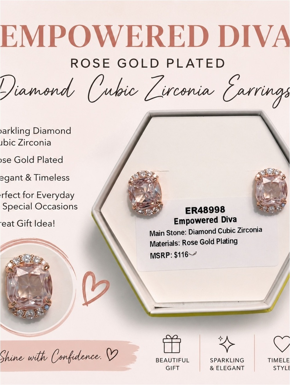 Empowered Diva Rose Gold Plated Diamond Cubic Zirconia Earrings